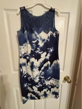 Blue & White Print Dress w/ Lace-cloudcore, Moody Celestial Baroque inspired